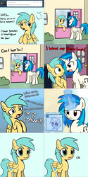 Size: 1502x3007 | Tagged: safe, artist:datahmedz, dj pon-3, sunshower raindrops, vinyl scratch, pony, raindropsanswers, g4, ask, confused, fourth wall, le lenny face, magic, tumblr