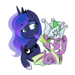 Size: 733x733 | Tagged: safe, artist:tylerdashart, princess luna, spike, alicorn, dragon, pony, g4, sparkle's seven, crown, female, hard-won helm of the sibling supreme, mare, smiling, winged spike, wings