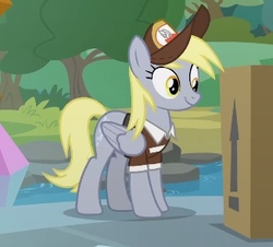 Size: 326x295 | Tagged: safe, screencap, derpy hooves, pegasus, pony, g4, the point of no return, box, clothes, cropped, cute, derpabetes, female, hat, mailmare, mare, smiling, solo