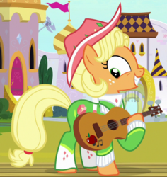 Size: 619x657 | Tagged: safe, screencap, applejack, earth pony, pony, g4, sparkle's seven, apple chord, cropped, excited, female, freckles, guitar, happy, mare, smiling, solo