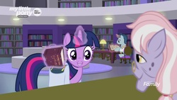 Size: 1920x1080 | Tagged: safe, screencap, dusty pages, polo play, twilight sparkle, pony, unicorn, g4, the point of no return, book, bookshelf, las pegasus resident, library, magic, saddle bag, unicorn twilight