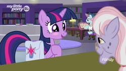 Size: 1920x1080 | Tagged: safe, screencap, dusty pages, polo play, twilight sparkle, pony, unicorn, g4, the point of no return, blushing, book, bookshelf, las pegasus resident, library, saddle bag, unicorn twilight