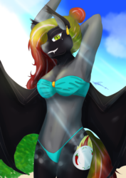 Size: 2894x4093 | Tagged: safe, artist:mantarwolf, oc, oc only, oc:caroline grind, bat pony, anthro, anthro oc, armpits, bat pony oc, beauty mark, belly button, bikini, breasts, clothes, commission, fangs, female, gilf, mare, slit pupils, solo, swimsuit, two-piece swimsuit, ych result