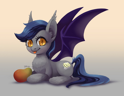 Size: 2911x2250 | Tagged: safe, artist:taytinabelle, oc, oc only, oc:echo, bat pony, pony, :p, bat pony oc, bat wings, chest fluff, cute, cute little fangs, ear fluff, eyelashes, fangs, fluffy, food, gradient background, happy, high res, leg fluff, looking at you, mango, ocbetes, simple background, slit pupils, smiling, solo, spread wings, tongue out, unshorn fetlocks, wide eyes, wings, yellow eyes