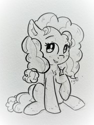 Size: 3840x5120 | Tagged: safe, artist:lightisanasshole, pear butter, earth pony, pony, g4, big eyes, black and white, blushing, chest fluff, curly hair, ear fluff, female, fluffy, grayscale, looking at you, monochrome, mother, raised eyebrow, raised hoof, sitting, smiling, solo, traditional art, wip