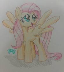 Size: 1224x1383 | Tagged: safe, artist:prinrue, fluttershy, pegasus, pony, g4, cute, female, mare, smiling, solo, spread wings, traditional art, wings