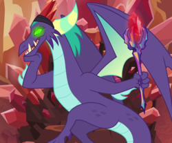 Size: 870x719 | Tagged: safe, edit, edited screencap, screencap, gaius, dragon, g4, the hearth's warming club, bloodstone scepter, cropped, glowing eyes, hand on chin, male, open mouth, sitting, solo