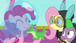 Size: 1920x1080 | Tagged: safe, screencap, fluttershy, gummy, pinkie pie, spike, dragon, earth pony, pegasus, pony, g4, sparkle's seven, astronaut pinkie, bunny ears, clothes, costume, dangerous mission outfit, female, fish bowl, goggles, hoodie, male, winged spike, wings