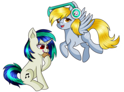 Size: 3000x2232 | Tagged: safe, artist:rainbowtashie, derpy hooves, dj pon-3, vinyl scratch, pegasus, pony, unicorn, g4, eating, food, headphones, high res, muffin, simple background, tongue out, transparent background, wrong eye color