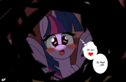 Size: 3910x2550 | Tagged: safe, artist:takaneko13, twilight sparkle, alicorn, pony, fanfic:a lesson in voyeurism, g4, blushing, cover art, exclamation point, fanfic art, female, fimfiction, heart, heart eyes, high res, hole in the wall, inner thoughts, interrobang, mare, open mouth, promo, question mark, twilight sparkle (alicorn), wingding eyes
