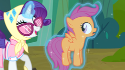 Size: 1615x909 | Tagged: safe, screencap, rarity, scootaloo, pegasus, pony, unicorn, g4, sleepless in ponyville, camping outfit, dat ass, glowing horn, horn, levitation, magic, meme, out of context, telekinesis