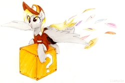 Size: 2938x1959 | Tagged: safe, artist:liaaqila, derpy hooves, pegasus, pony, g4, the point of no return, ? block, box, female, letter, mailbag, mailmare, mare, nintendo, platformer, simple background, smiling, solo, super mario bros., traditional art, white background