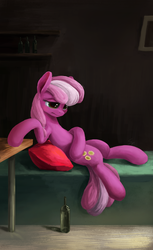 Size: 1519x2485 | Tagged: safe, artist:smg11-on-ddjrb, cheerilee, earth pony, pony, g4, bottle, cushion, female, hangover, mare, solo