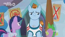 Size: 1920x1080 | Tagged: safe, screencap, power jerk, spike, twilight sparkle, alicorn, dragon, earth pony, pony, g4, the point of no return, angry, animated, bag, butt, clothes, discovery family logo, door, female, magic, male, mare, no sound, plot, stallion, twibutt, twilight sparkle (alicorn), unicorn master race, watermark, webm, winged spike, wings