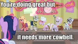 Size: 960x540 | Tagged: safe, edit, edited screencap, screencap, chelsea porcelain, dusty pages, mr. waddle, twilight sparkle, alicorn, pony, g4, the point of no return, annoyed, bass guitar, bell, caption, cowbell, drums, false teeth, guitar, image macro, levitation, magic, more cowbell, musical instrument, old ponies, saturday night live, snl, telekinesis, text, trumpet, twilight sparkle (alicorn)