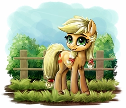 Size: 3600x3094 | Tagged: safe, artist:rysunkowasucharia, applejack, earth pony, pony, g4, where the apple lies, cottagecore, cute, female, fence, filly, high res, jackabetes, looking at you, pigtails, smiling, teenage applejack, teenager, unshorn fetlocks, younger
