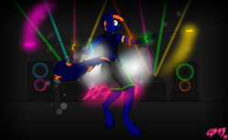 Size: 3250x2000 | Tagged: safe, artist:cobaltblaze93, artist:fenixthefox93, oc, oc only, oc:cobalt blaze, unicorn, anthro, unguligrade anthro, anthro oc, armband, clothes, collar, dance floor, fishnet stockings, glowstick, high res, looking at you, pansexual pride flag, rave, smiling