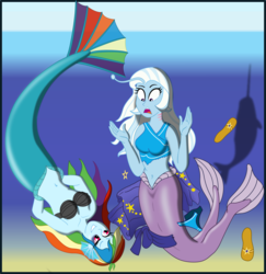 Size: 3000x3085 | Tagged: safe, artist:physicrodrigo, rainbow dash, trixie, angler fish, mermaid, narwhal, series:equestria mermaids, equestria girls, g4, arm behind back, belly button, bikini, bikini bottom, black eye, clothes, disappearing clothes, duo, duo female, earfins, evil grin, female, flip-flops, gills, grin, high res, mermaidized, midriff, ocean, open mouth, rainbow douche, raised hand, ripping clothes, sarong, seashell bra, shocked expression, smiling, species swap, story included, surprised, swimsuit, transformation, underwater, upside down