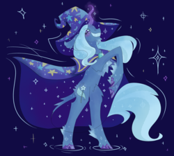Size: 3000x2700 | Tagged: safe, artist:coolgote, trixie, classical unicorn, pony, unicorn, g4, abstract background, cape, clothes, cloven hooves, female, grin, hat, high res, horn, leonine tail, mare, rearing, smiling, solo, unshorn fetlocks