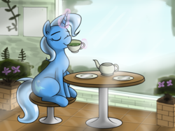 Size: 1852x1384 | Tagged: safe, artist:pencil bolt, trixie, pony, unicorn, g4, cafe, chair, crepuscular rays, cup, drinking, eyes closed, female, food, glowing horn, horn, light, magic, mare, pot, sitting, solo, table, tea, teacup, telekinesis