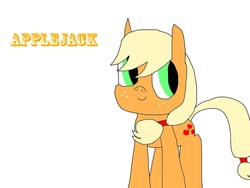 Size: 1024x769 | Tagged: safe, artist:undeadponysoldier, applejack, earth pony, pony, g4, cute, female, freckles, simple background, smiling, solo, text, white background