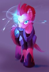 Size: 709x1049 | Tagged: safe, artist:yakieringi014, tempest shadow, pony, unicorn, g4, armor, broken horn, eye scar, female, gradient background, hoof shoes, horn, looking at you, magic, mare, purple background, scar, simple background, solo, sparking horn