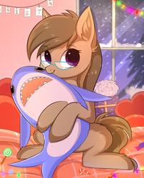 Size: 2214x2746 | Tagged: safe, alternate version, artist:pesty_skillengton, oc, oc only, oc:dawnsong, earth pony, pony, shark, blåhaj, colored pupils, cuddling, cute, ear fluff, earth pony oc, female, glasses, high res, leg fluff, looking at you, mare, plushie, shark plushie, solo, toy, ych result