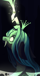 Size: 1697x3241 | Tagged: safe, artist:natalia-beaver, queen chrysalis, changeling, changeling queen, g4, black background, dark background, fangs, female, floppy ears, from behind, glowing eyes, glowing horn, horn, signature, simple background, solo, spread wings, wings