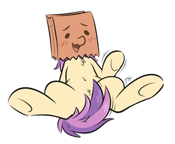 Size: 2000x1650 | Tagged: safe, artist:fakskis, oc, oc only, oc:paper bag, pony, belly button, blushing, chest fluff, cute, female, ocbetes, open mouth, paper bag, pubic fluff, simple background, sitting, solo, strategically covered, tail censor, tongue out, underhoof, waving, weapons-grade cute, white background
