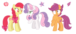Size: 3299x1501 | Tagged: safe, artist:musical-medic, apple bloom, scootaloo, sweetie belle, earth pony, pony, g4, alternate cutie mark, cutie mark crusaders, older, simple background, transparent background