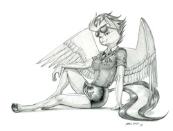 Size: 1400x1062 | Tagged: safe, artist:baron engel, spitfire, pegasus, anthro, unguligrade anthro, g4, aviator sunglasses, beautiful, clothes, cute, female, glasses, grayscale, legs, looking at you, mare, miniskirt, monochrome, necktie, pencil drawing, simple background, sketch, skirt, skirt lift, smiling, solo, sunglasses, thighs, traditional art, uniform, white background, wonderbolts dress uniform