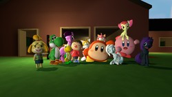 Size: 1600x900 | Tagged: safe, artist:sch01, apple bloom, oc, oc:chrissie, oc:nyx, oc:snowdrop, alicorn, koopa troopa, pony, puffball, waddle dee, yoshi, g4, 3d, amy rose, animal crossing, crossover, gmod, isabelle (animal crossing), kirby, kirby (series), male, miles "tails" prower, smiling, sonic the hedgehog, sonic the hedgehog (series), super mario bros., villager