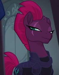 Size: 635x803 | Tagged: safe, screencap, tempest shadow, pony, g4, my little pony: the movie, armor, beautiful, broken horn, canterlot castle, cracked horn, cropped, evil smirk, eye scar, female, horn, mare, mohawk, pretty pretty tempest, scar, smiling, smirk, solo, throne room