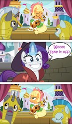Size: 1919x3310 | Tagged: safe, edit, edited screencap, editor:leonidus, screencap, applejack, guardian angel (g4), rarity, earth pony, pony, unicorn, g4, sparkle's seven, apple chord, brick wall, canterlot, cheering, detective rarity, dialogue, eyes closed, female, funny, grin, guard, guardsmare, guitar, interrupted, lesbian, magic, male, mare, musical instrument, royal guard, scary face, shadow spade, ship:rarijack, shipping, singing, smiling, speech bubble, stage, stallion, sweat, sweatdrop, text, tower, unicorn royal guard