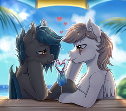 Size: 1600x1410 | Tagged: safe, artist:evomanaphy, oc, oc only, oc:nuke, oc:speck, bat pony, pegasus, pony, beach, bendy straw, blushing, couple, drink, drinking, drinking straw, duo, female, human shoulders, husband and wife, looking at each other, male, married couple, married couples doing married things, not kej, sharing a drink, smiling, speke, straw