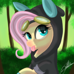 Size: 2048x2048 | Tagged: safe, artist:sweetkllrvane, fluttershy, pegasus, pony, g4, :p, bunny ears, bust, clothes, costume, cute, dangerous mission outfit, female, forest, forest background, goggles, high res, hoodie, looking at you, looking sideways, mare, outdoors, portrait, shyabetes, signature, solo, three quarter view, tongue out