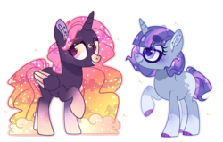 Size: 4806x3054 | Tagged: safe, artist:jxst-alexa, oc, oc only, alicorn, pony, unicorn, alicorn oc, base used, colored hooves, colored wings, ethereal mane, female, glasses, gradient hooves, gradient wings, half-siblings, heart eyes, magical lesbian spawn, mare, offspring, parent:moondancer, parent:princess luna, parent:sunset shimmer, parents:lunadancer, parents:lunashimmer, simple background, starry mane, starry wings, transparent background, two toned wings, wingding eyes