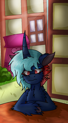 Size: 565x1010 | Tagged: safe, artist:captainofhopes, oc, oc only, pony, unicorn, horn, long horn, solo, table