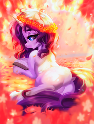 Size: 613x808 | Tagged: safe, artist:dolorosacake, oc, oc only, pony, unicorn, book, female, flower, flower in hair, looking at you, looking back, looking back at you, mare, rear view, solo, ych result