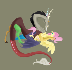 Size: 1365x1333 | Tagged: safe, artist:varwing, discord, fluttershy, draconequus, pegasus, pony, g4, blushing, eye contact, female, floppy ears, hooves to the chest, looking at each other, male, mare, on back, ship:discoshy, shipping, simple background, smiling, spread wings, straight, wings