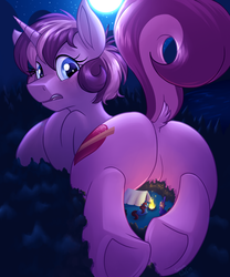 Size: 3322x4000 | Tagged: safe, artist:sugaryviolet, part of a set, oc, oc only, oc:altus bastion, oc:star bright, oc:sugary violet, pony, butt, campfire, camping, dock, dock fluff, featureless crotch, giant pony, looking back, macro, night, part of a series, plot, size difference, tent, underhoof