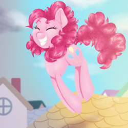 Size: 1350x1350 | Tagged: safe, artist:imaplatypus, pinkie pie, earth pony, pony, a friend in deed, g4, cute, diapinkes, eyes closed, female, house, pronking, roof, rooftop, scene interpretation, smile song, smiling, solo