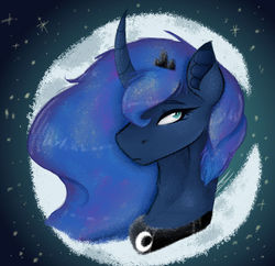 Size: 1280x1240 | Tagged: safe, artist:feathershine1, princess luna, pony, bust, crown, curved horn, cute, female, head only, horn, jewelry, lunabetes, moon, peytral, portrait, profile, regalia, solo