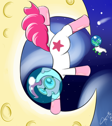 Size: 800x900 | Tagged: safe, artist:asajiopie01, gummy, pinkie pie, pony, g4, sparkle's seven, astronaut pinkie, balancing, clothes, crescent moon, cute, diapinkes, duo, moon, signature, space, space helmet, spacesuit, standing, standing on one leg, tangible heavenly object, transparent moon