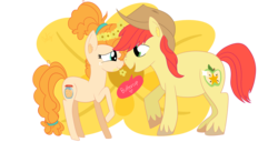 Size: 3900x2000 | Tagged: safe, artist:catz537, bright mac, pear butter, earth pony, pony, g4, cute, dialogue, duo, female, floral head wreath, flower, high res, male, mare, ship:brightbutter, shipping, simple background, speech bubble, straight, transparent background