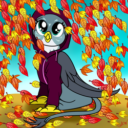 Size: 1000x1000 | Tagged: safe, artist:catz537, gabby, griffon, g4, autumn, clothes, cute, female, gabbybetes, hoodie, leaves, solo