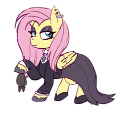 Size: 992x893 | Tagged: safe, artist:imp-da-cat, fluttershy, bat, pegasus, pony, fake it 'til you make it, g4, clothes, cute, dress, ear piercing, eyeshadow, female, fluttergoth, lidded eyes, makeup, mare, piercing, shyabetes, simple background, solo, white background