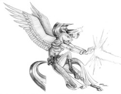 Size: 1400x1084 | Tagged: safe, artist:baron engel, twilight sparkle, alicorn, anthro, unguligrade anthro, g4, blast, boots, clothes, dagger, female, flying, glowing horn, grayscale, horn, magic, magic blast, monochrome, open mouth, pencil drawing, shoes, simple background, solo, traditional art, twilight sparkle (alicorn), weapon, white background