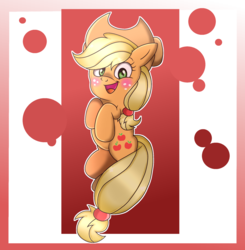 Size: 2048x2090 | Tagged: safe, artist:doraeartdreams-aspy, applejack, earth pony, pony, g4, abstract background, blushing, cute, female, high res, hooves to the chest, jackabetes, open mouth, solo