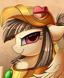 Size: 1446x1764 | Tagged: safe, artist:pridark, oc, oc only, oc:tailcoatl, pegasus, pony, bronycon, armor, aztec, bust, commission, female, mare, mascot, mexico, nation ponies, ponified, portrait, smiling, smirk, solo
